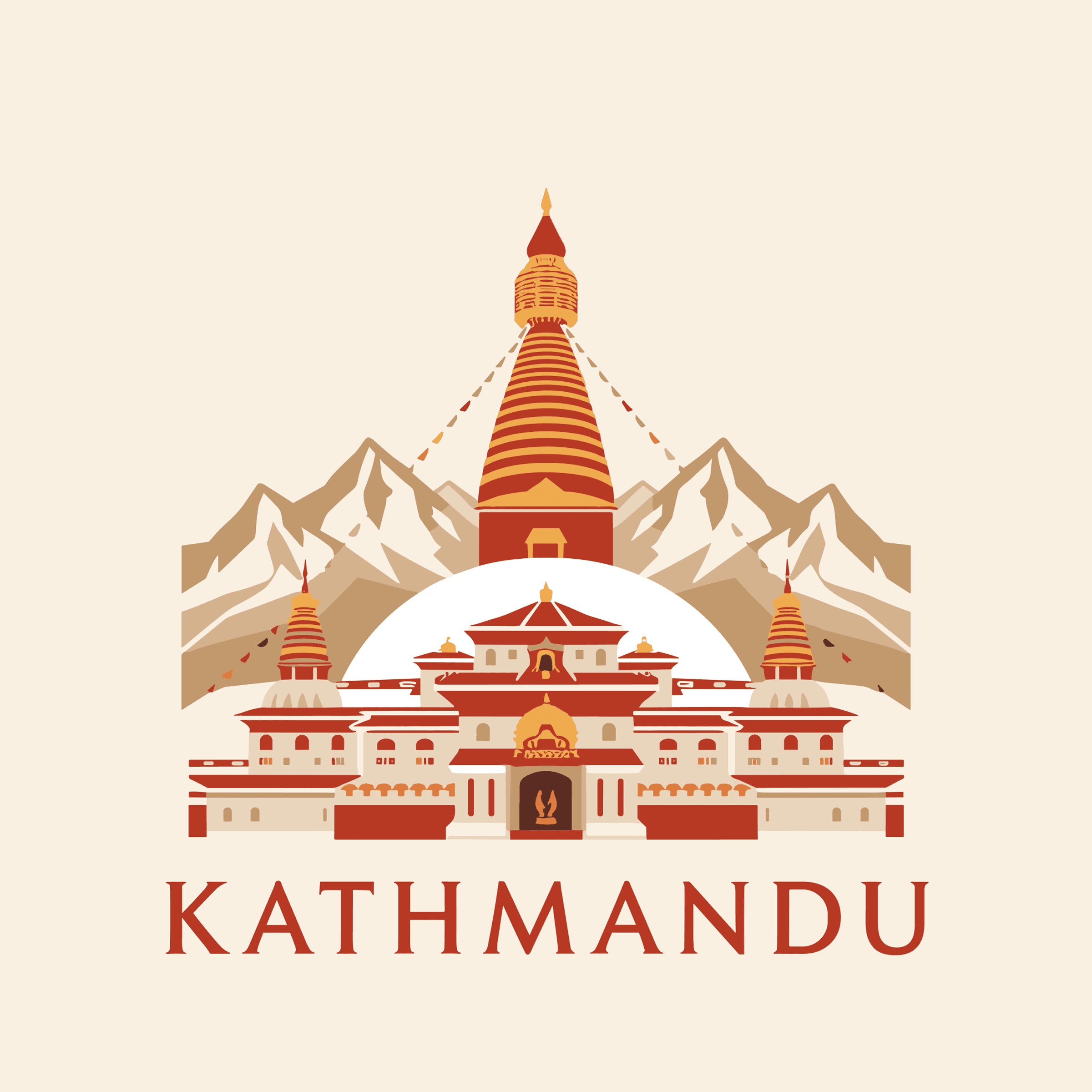 Stylized illustration of Kathmandu landmarks and the Himalayas