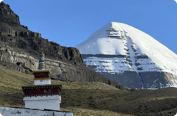 Mount Kailash and a Tibetan stupa on the high plateau